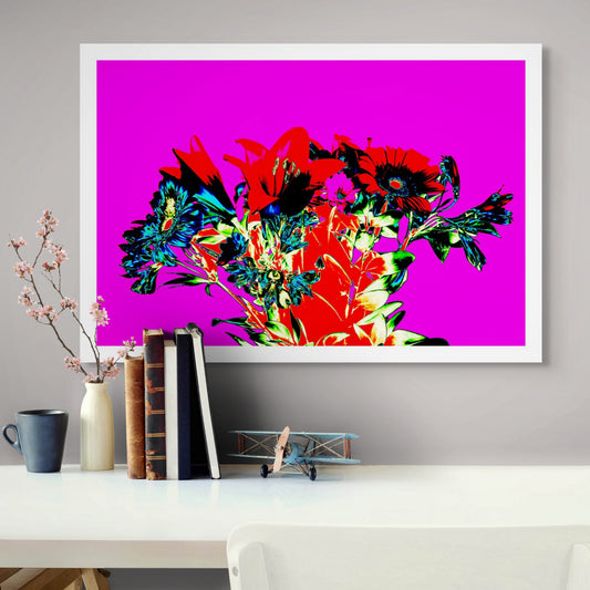 Pop Art Flowers - The Gift 369O1084v4 - Room View, a vivid square format pop art image of red lilies, blue daisies, and green foliage against a hot magenta background. The composition is bold, saturated, and emotionally expressive, resembling a stylised floral bouquet.