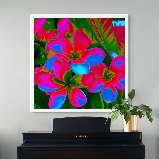 POP Art Collection Flowers - Frangipani Cluster 5892v18a - Room View, vibrant frangipani cluster fine art print with multicoloured petals in neon pinks, purples, and blues, limited edition by Raymond Mather, ART1.