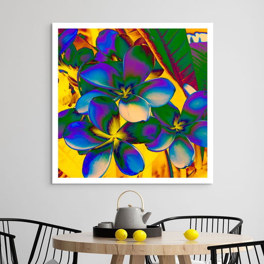 POP Art Collection Flowers - Frangipani Flowers 5892v21 - Room View, vibrant frangipani flower fine art print with stylised multicoloured petals in rich neon tones, limited edition by Raymond Mather, ART1.