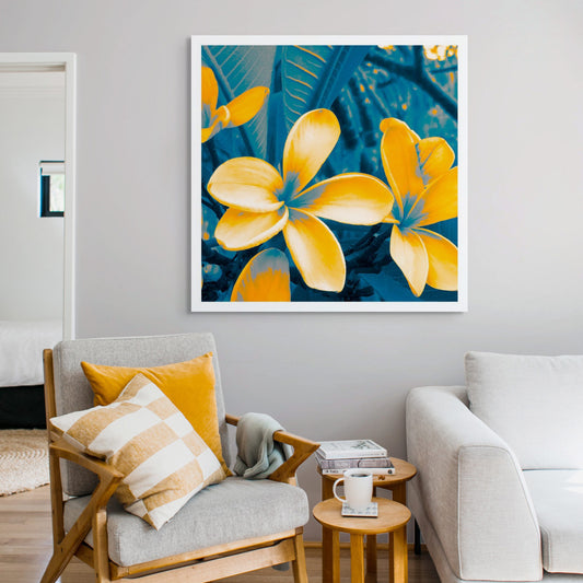 POP Art Collection Flowers - Frangipani Flowers 5941v3a - Room View, vibrant frangipani flower fine art print with bold yellow petals and deep green leaves, limited edition by Raymond Mather, ART1.