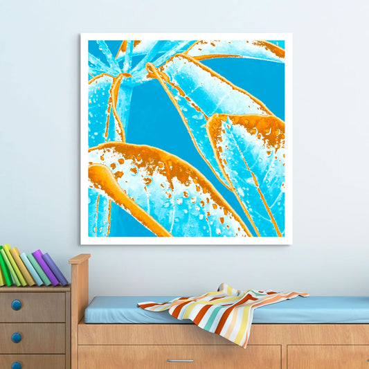 POP Art Collection Flowers - Frangipani Leaves 4836v5a - Room View, vibrant frangipani leaves fine art print with bold turquoise and orange stylised leaves, limited edition by Raymond Mather, ART1.