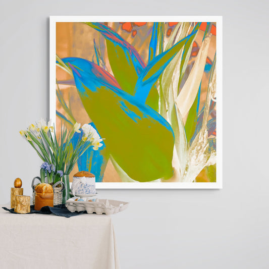 POP Art Collection Flowers - Bird of Paradise 5937v2 - Room View, fine art print with dramatic stylised petals in orange, green, and pink hues, limited edition by Raymond Mather, ART1.