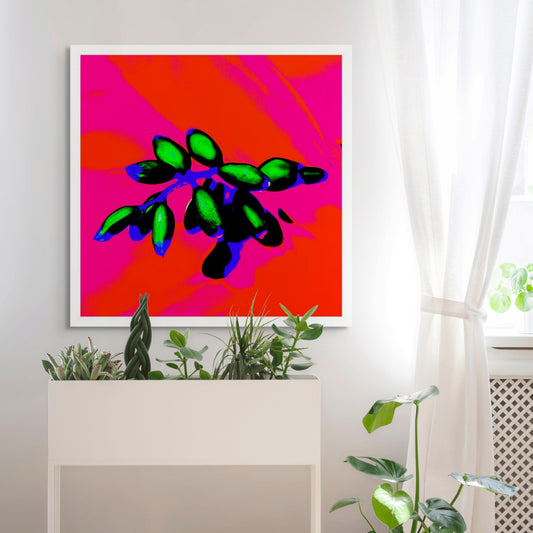POP Art Collection Flowers - Ginger Flowers Buds 1855v5 - Room View, vibrant ginger flower buds fine art print with striking green buds against a bold pink and orange background, limited edition by Raymond Mather, ART1.
