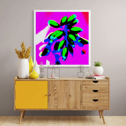 POP Art Collection Flowers - Ginger Flowers Buds 1863v5 - Room View, vibrant ginger flower buds fine art print with neon green buds on a vivid magenta background, limited edition by Raymond Mather, ART1.