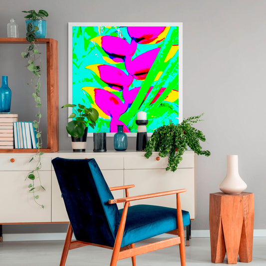 POP Art Collection Flowers - Heliconia 5791v7a - Room View, vibrant Heliconia fine art print with neon pink, green, and turquoise stylised leaves, limited edition by Raymond Mather, ART1.