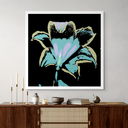 POP Art Collection Flowers - Hippeastrum 1910v27 - Room View, vibrant hippeastrum flower fine art print with stylised black, turquoise, and pink petals, limited edition by Raymond Mather, ART1.