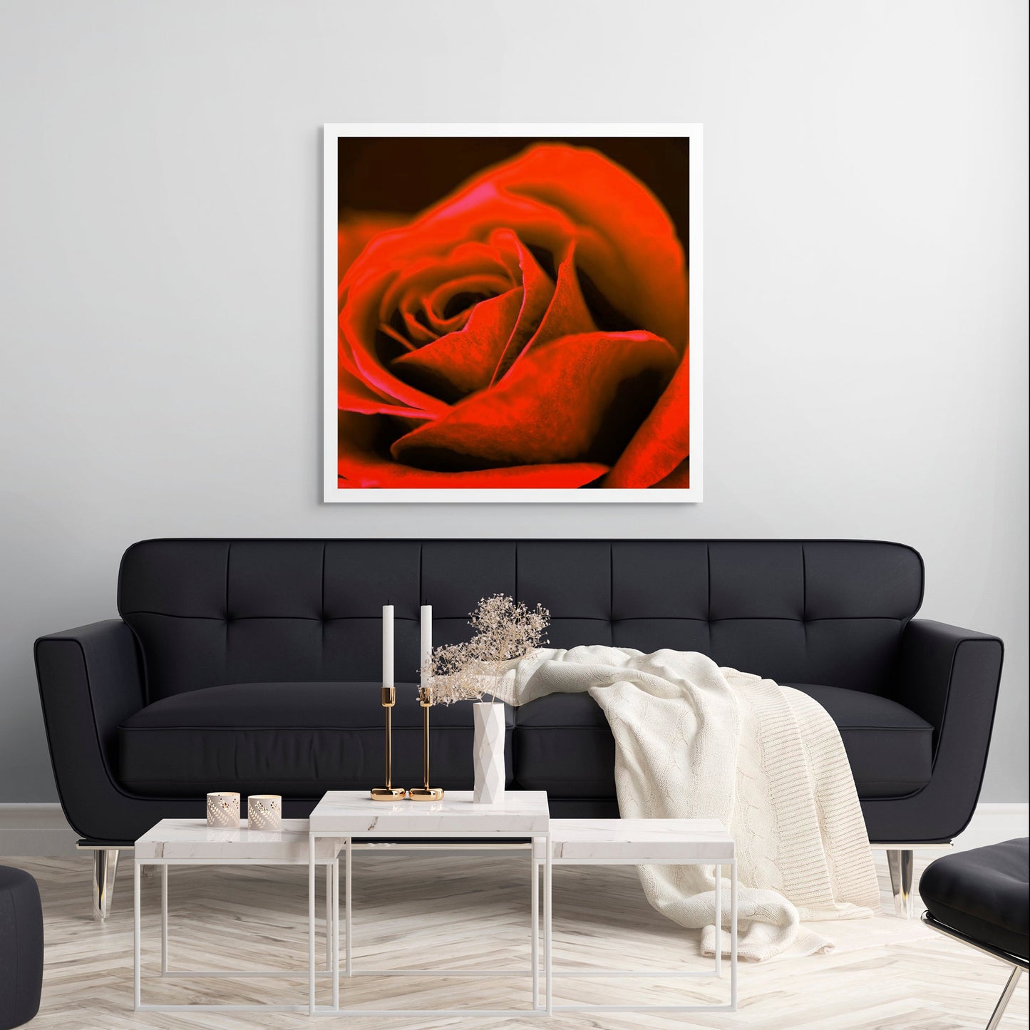 POP Art Collection Flowers - Rose 3980v1027 - Room View, vibrant rose fine art print with dramatic red petals and a soft dark background, limited edition by Raymond Mather, ART1.