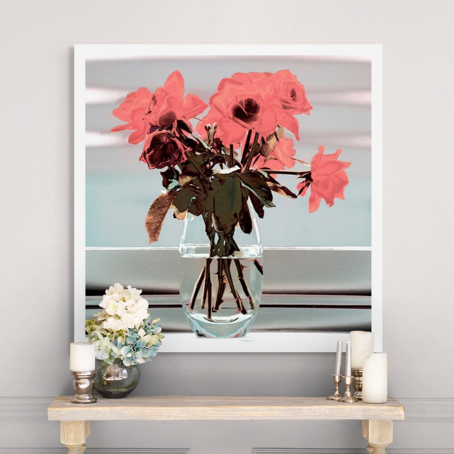 POP Art Collection Flowers - Roses Vase Still Life 20631 - Room View, vibrant roses still life fine art print with bold red and pink flowers in a vase, limited edition by Raymond Mather, ART1.