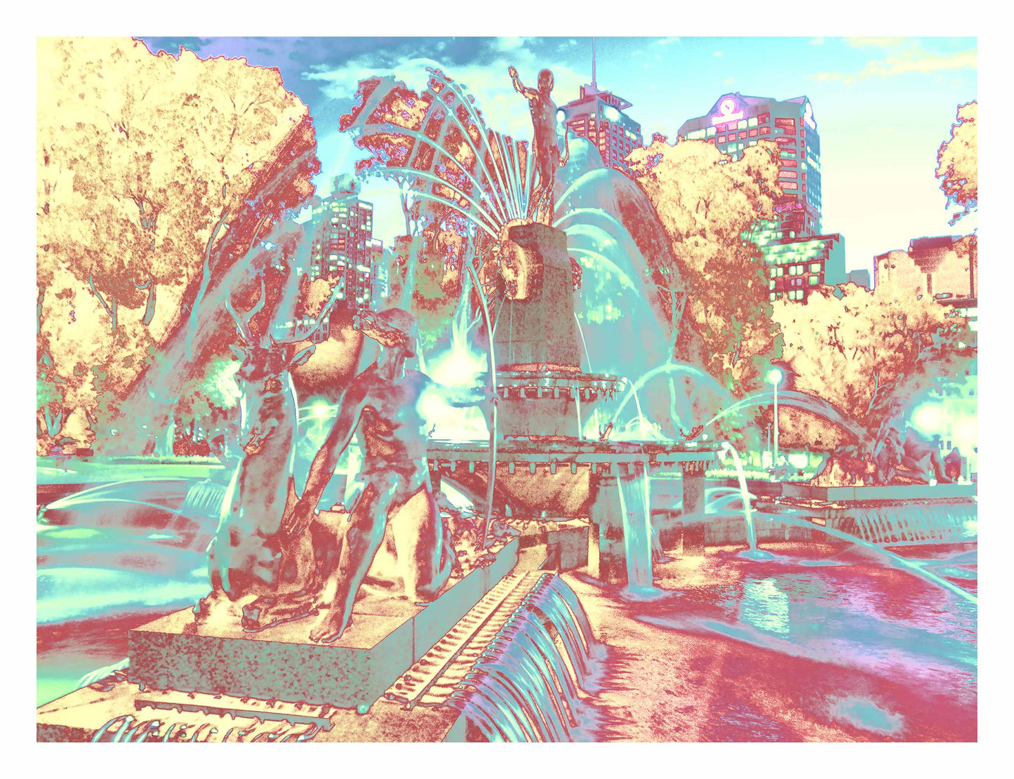 POPscape Sydney - Archibald Fountain - 191077v5 - 104x81.5cm, Stylised image of the Archibald Fountain in Hyde Park, Sydney, with mythological bronze statues, water sprays, and a pastel-toned cityscape in glowing hues of aqua, pink, gold, and violet.