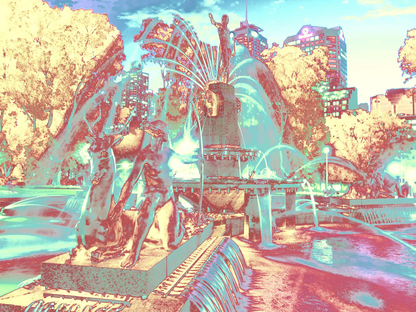 POPscape Sydney - Archibald Fountain - 191077v5 - 90x67.5cm, Stylised image of the Archibald Fountain in Hyde Park, Sydney, with mythological bronze statues, water sprays, and a pastel-toned cityscape in glowing hues of aqua, pink, gold, and violet.