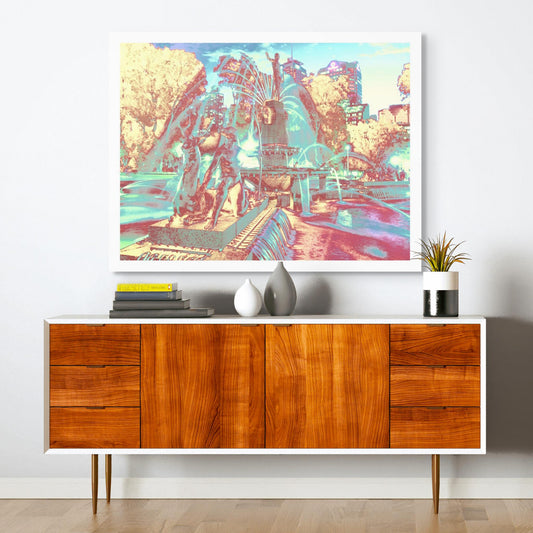 POPscape Sydney - Archibald Fountain - 191077v5 - Room View, Stylised image of the Archibald Fountain in Hyde Park, Sydney, with mythological bronze statues, water sprays, and a pastel-toned cityscape in glowing hues of aqua, pink, gold, and violet.