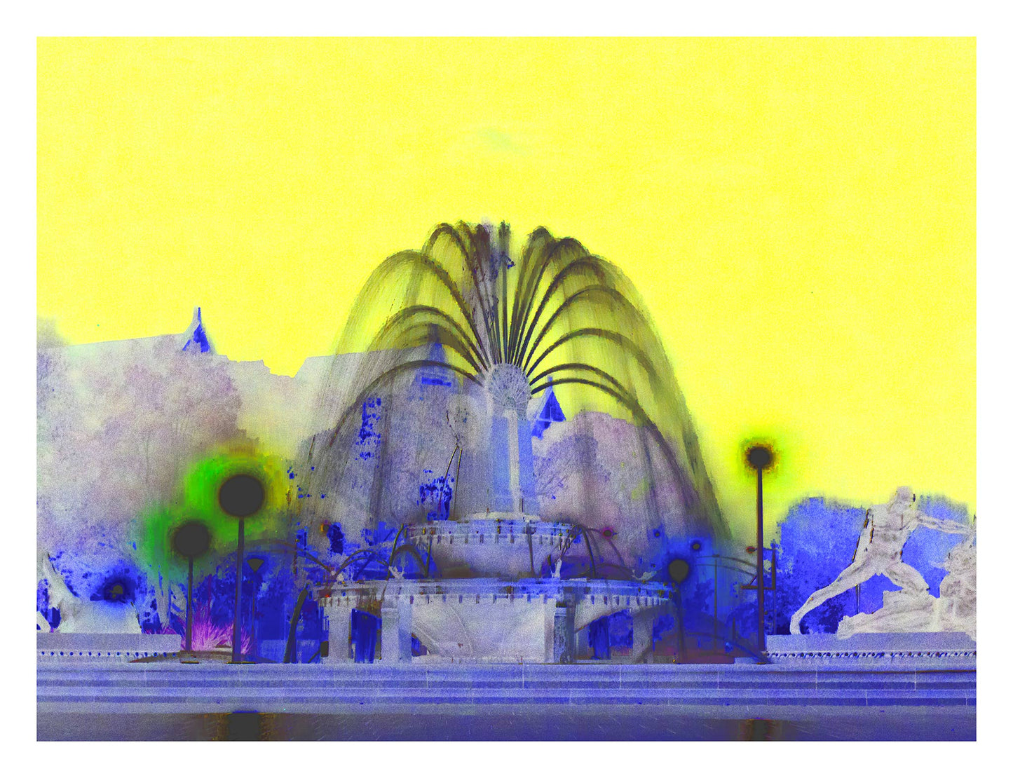 POPscape Sydney - Archibald Fountain - 191101v12 - 104x81.5cm, Stylised dreamlike image of the Archibald Fountain in Hyde Park, Sydney, with flowing water, mythological sculptures, and a vibrant yellow sky contrasted against ethereal blue and violet tones.