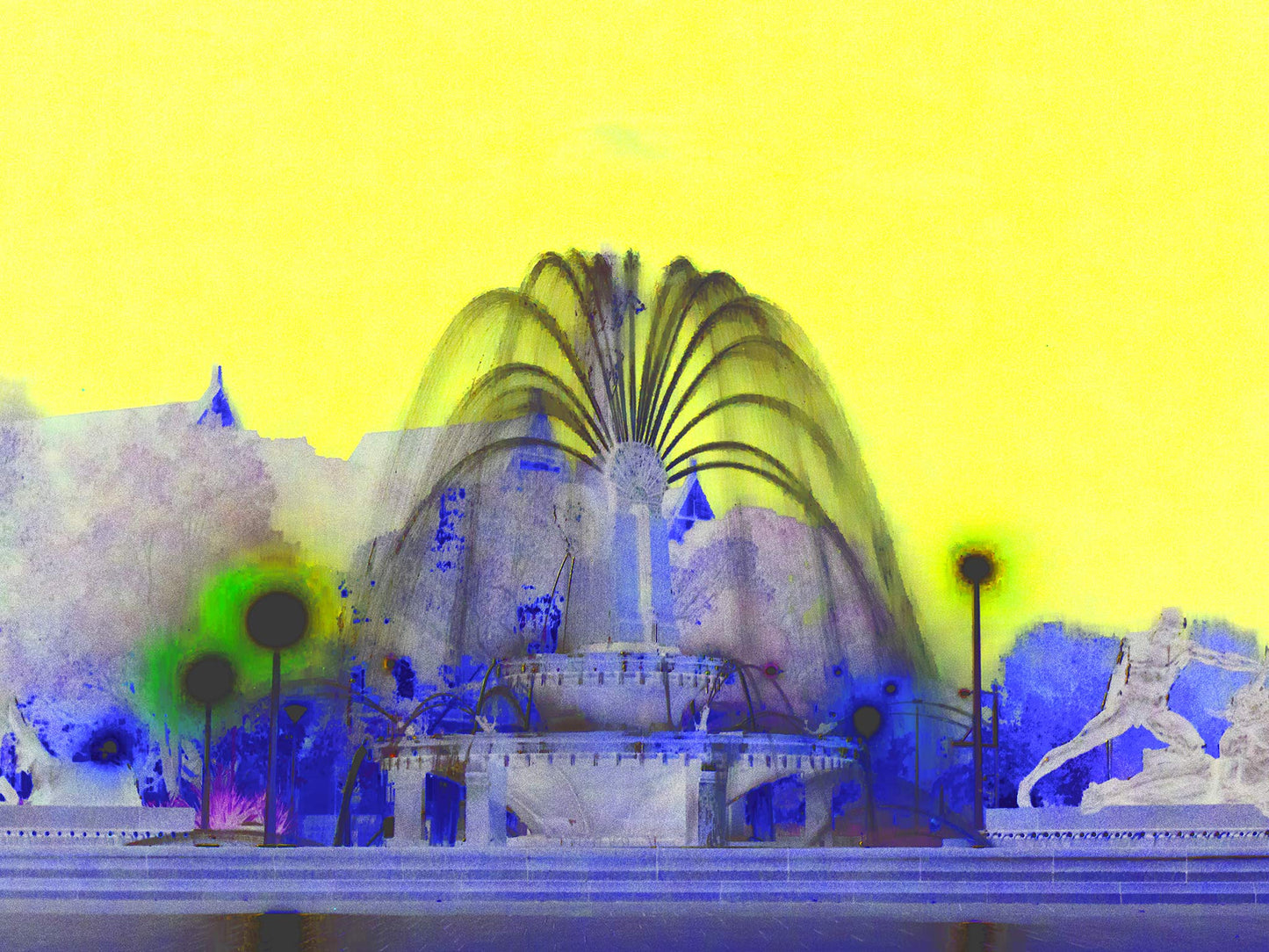 POPscape Sydney - Archibald Fountain - 191101v12 - 90x67.5cm, Stylised dreamlike image of the Archibald Fountain in Hyde Park, Sydney, with flowing water, mythological sculptures, and a vibrant yellow sky contrasted against ethereal blue and violet tones.