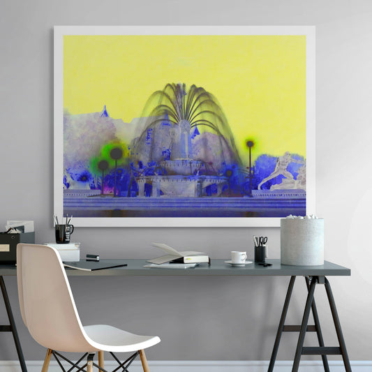 POPscape Sydney - Archibald Fountain - 191101v12 - Room View, Stylised dreamlike image of the Archibald Fountain in Hyde Park, Sydney, with flowing water, mythological sculptures, and a vibrant yellow sky contrasted against ethereal blue and violet tones.