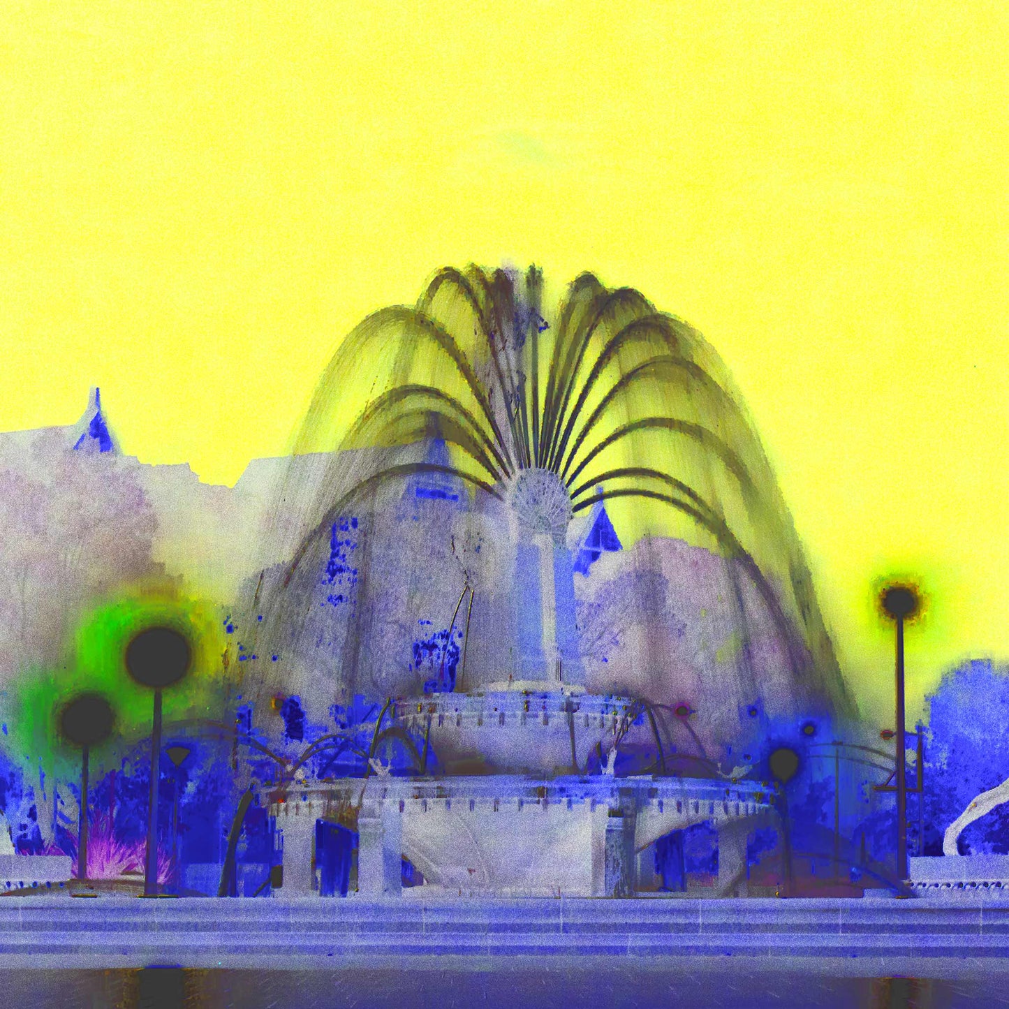 POPscape Sydney - Archibald Fountain - 191101v12 - Close Detail View, Stylised dreamlike image of the Archibald Fountain in Hyde Park, Sydney, with flowing water, mythological sculptures, and a vibrant yellow sky contrasted against ethereal blue and violet tones.