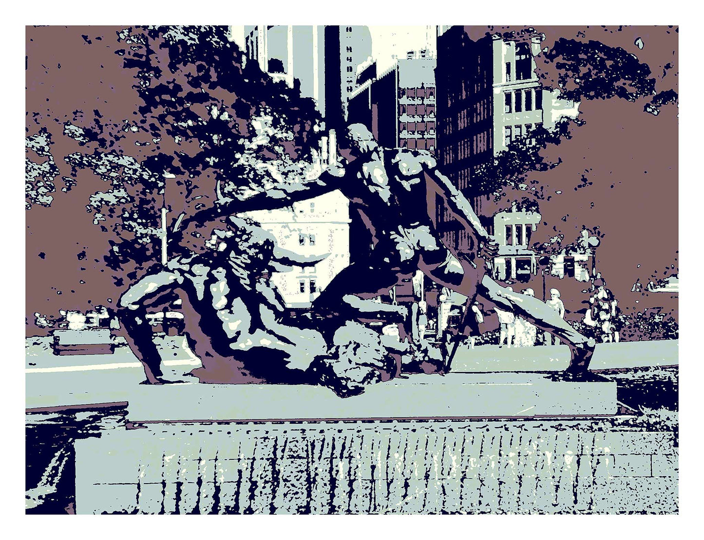 POPscape Sydney - Archibald Fountain - 200905v4 - 104x81.5cm, Stylised image of the Archibald Fountain in Hyde Park, Sydney, featuring bronze mythological figures in a dramatic pose, rendered in muted blue, violet, and brown tones with urban buildings and trees in the background.
