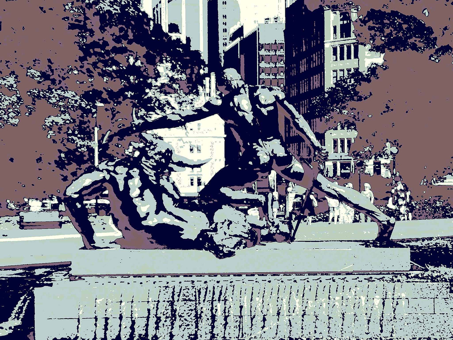 POPscape Sydney - Archibald Fountain - 200905v4 - 90x67.5cm, Stylised image of the Archibald Fountain in Hyde Park, Sydney, featuring bronze mythological figures in a dramatic pose, rendered in muted blue, violet, and brown tones with urban buildings and trees in the background.