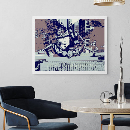 POPscape Sydney - Archibald Fountain - 200905v4 - Room View, Stylised image of the Archibald Fountain in Hyde Park, Sydney, featuring bronze mythological figures in a dramatic pose, rendered in muted blue, violet, and brown tones with urban buildings and trees in the background.