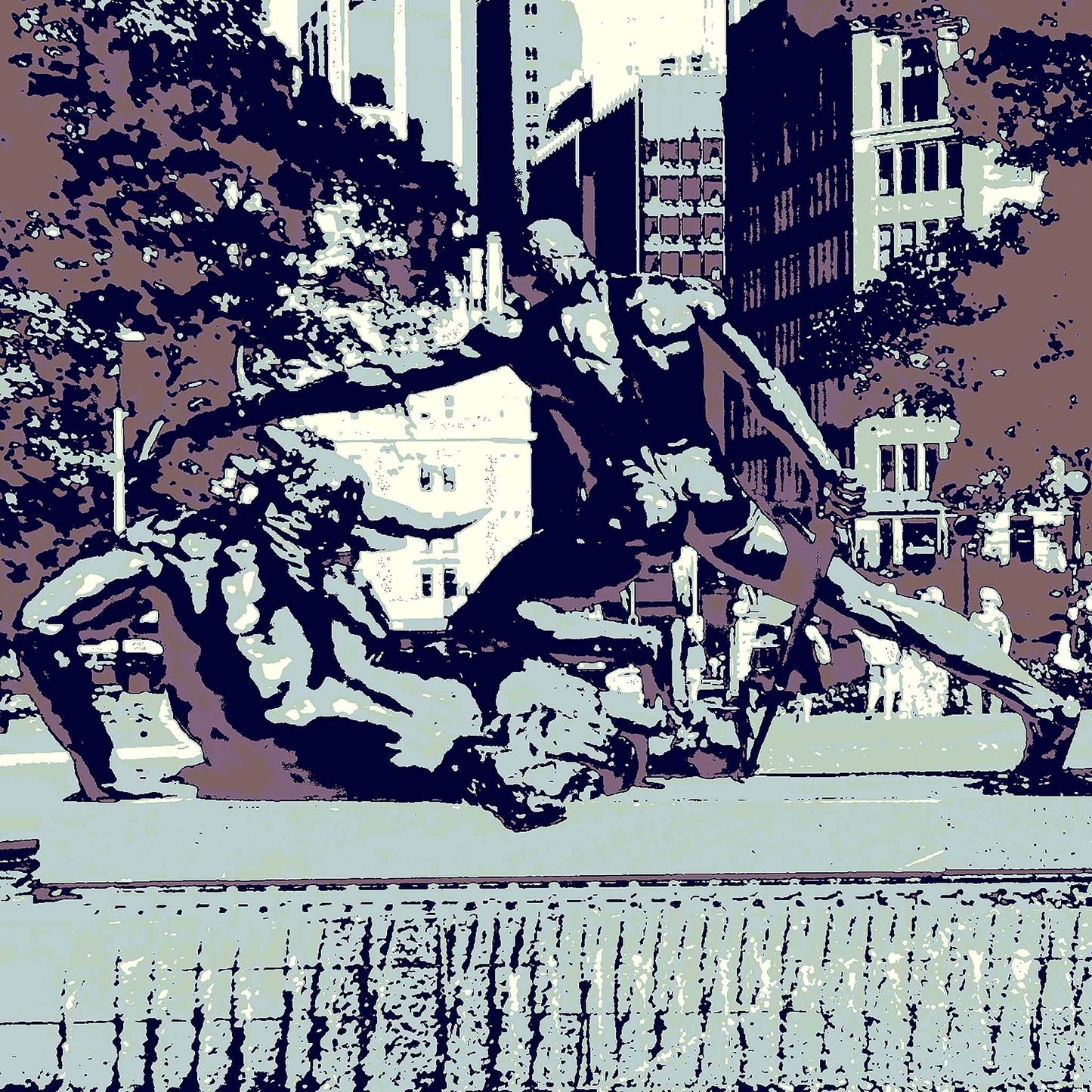 POPscape Sydney - Archibald Fountain - 200905v4 - Close Detail View, Stylised image of the Archibald Fountain in Hyde Park, Sydney, featuring bronze mythological figures in a dramatic pose, rendered in muted blue, violet, and brown tones with urban buildings and trees in the background.