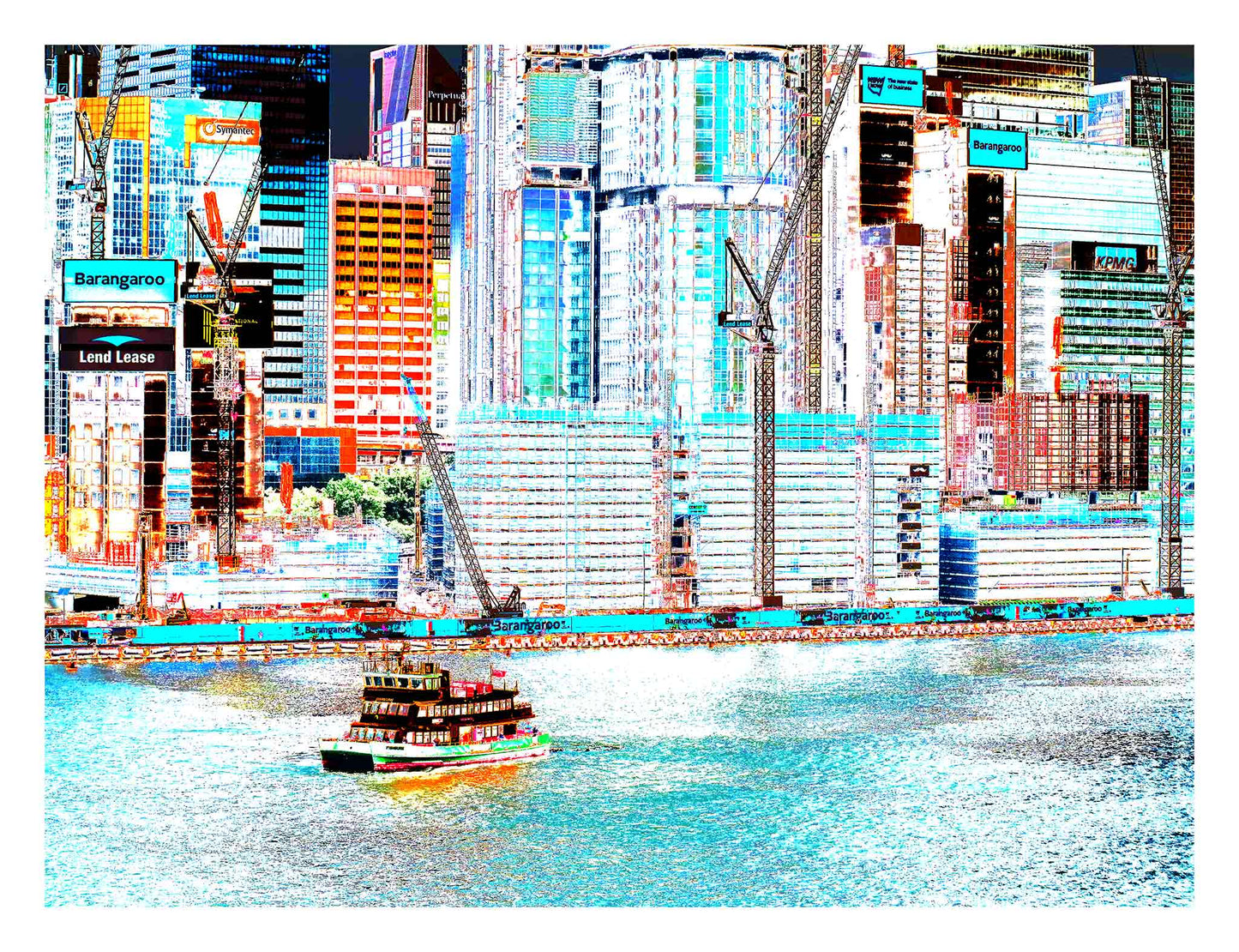 POPscape Sydney - Barangaroo Construction - Ferry - 140050v25 - 104x81.5cm, Stylised Pop Art image of Sydney’s Barangaroo under construction, with cranes, skyscrapers, and vibrant colour overlays, and a classic green-and-yellow ferry crossing the harbour in the foreground.