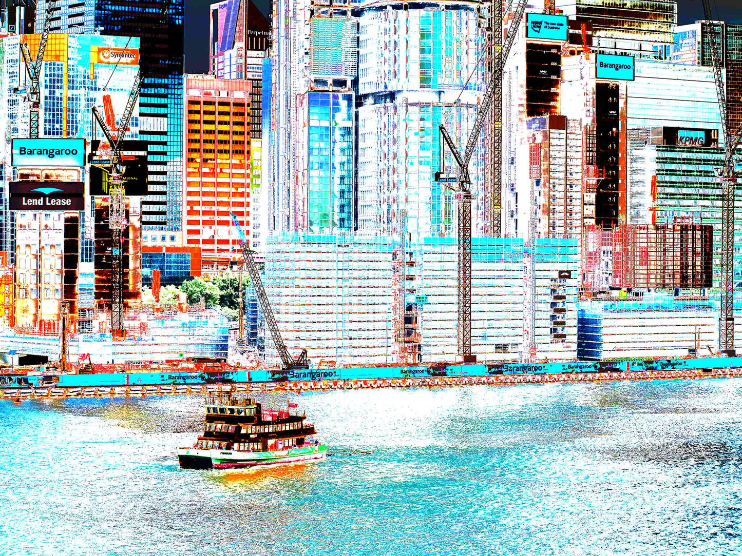 POPscape Sydney - Barangaroo Construction - Ferry - 140050v25 - 90x67.5cm, Stylised Pop Art image of Sydney’s Barangaroo under construction, with cranes, skyscrapers, and vibrant colour overlays, and a classic green-and-yellow ferry crossing the harbour in the foreground.