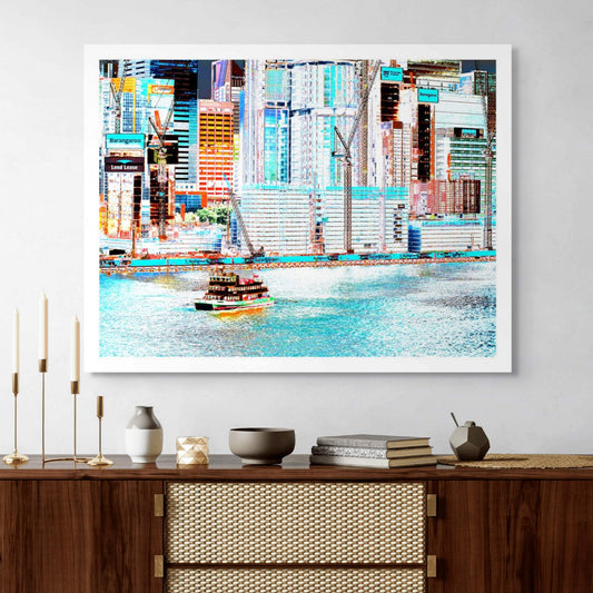 POPscape Sydney - Barangaroo Construction - Ferry - 140050v25 - Room View, Stylised Pop Art image of Sydney’s Barangaroo under construction, with cranes, skyscrapers, and vibrant colour overlays, and a classic green-and-yellow ferry crossing the harbour in the foreground.