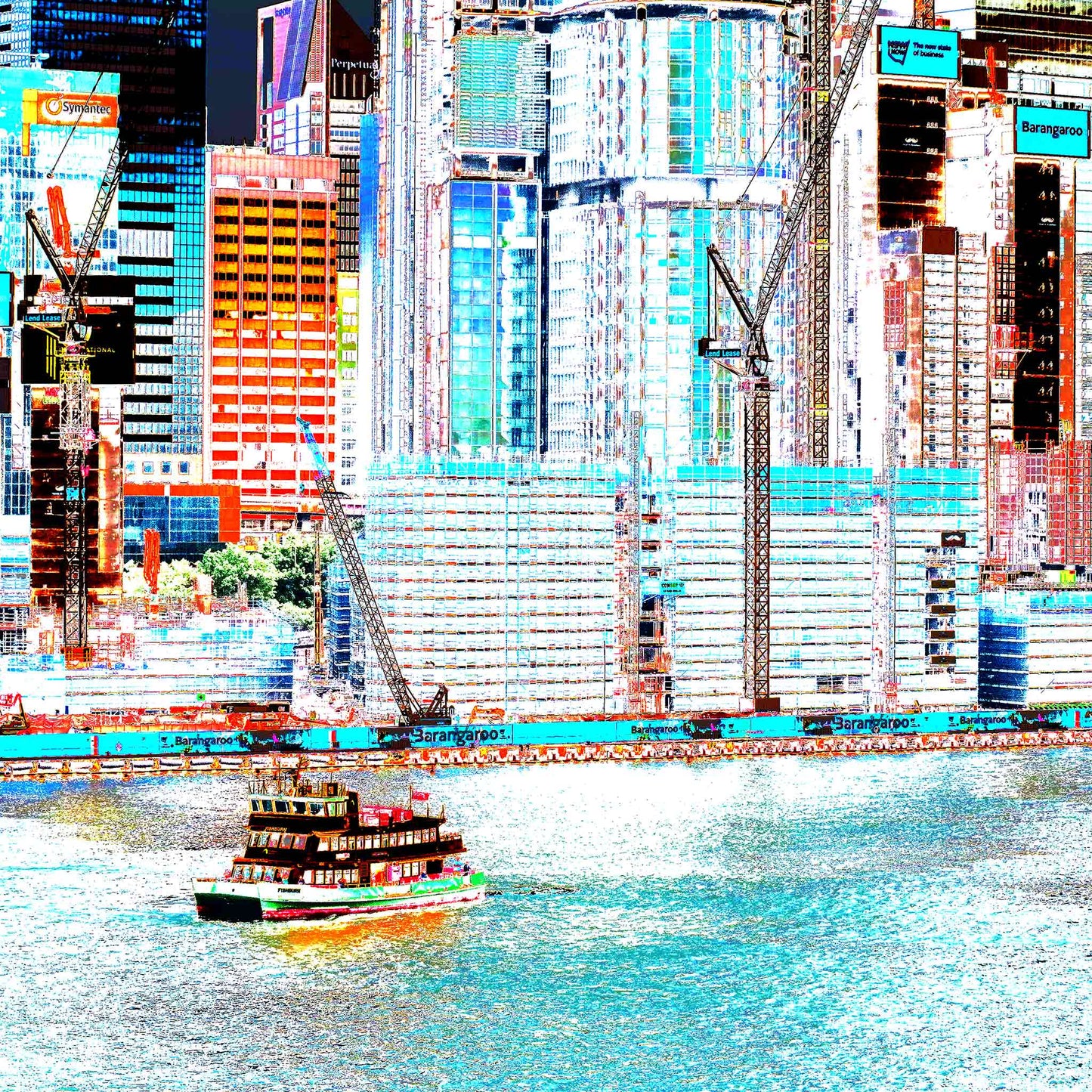 POPscape Sydney - Barangaroo Construction - Ferry - 140050v25 - Close Detail View, Stylised Pop Art image of Sydney’s Barangaroo under construction, with cranes, skyscrapers, and vibrant colour overlays, and a classic green-and-yellow ferry crossing the harbour in the foreground.