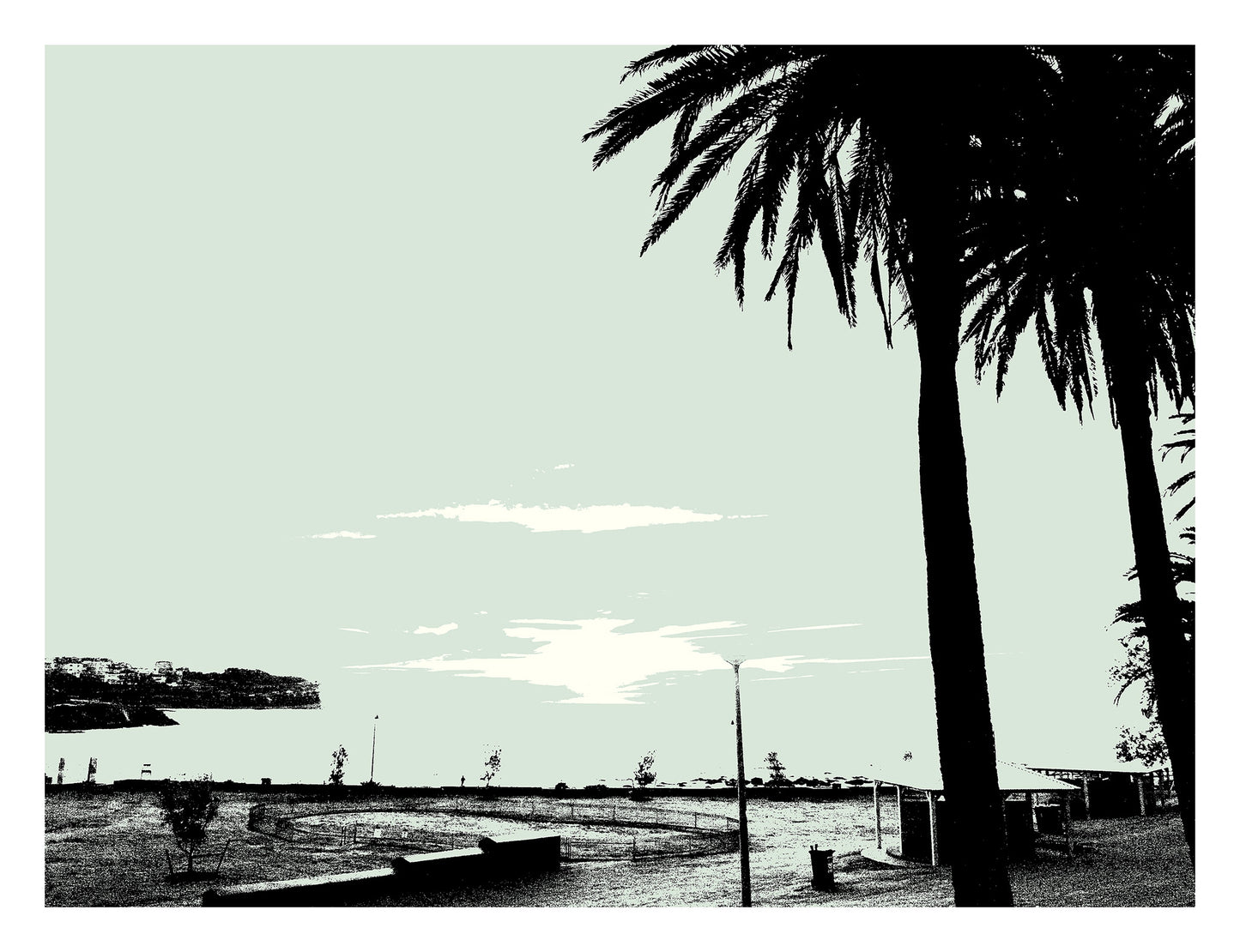 POPscape Sydney - Bronte Beach - 140128v31 - 104x81.5cm, Minimalist pop-art image of Bronte Beach with silhouetted palm trees in the foreground and a pale sky over a quiet coastal headland.