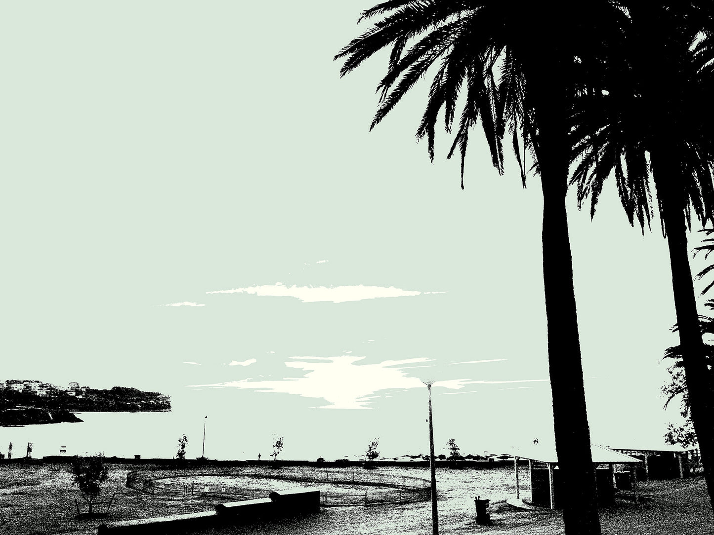 POPscape Sydney - Bronte Beach - 140128v31 - 90x67.5cm, Minimalist pop-art image of Bronte Beach with silhouetted palm trees in the foreground and a pale sky over a quiet coastal headland.