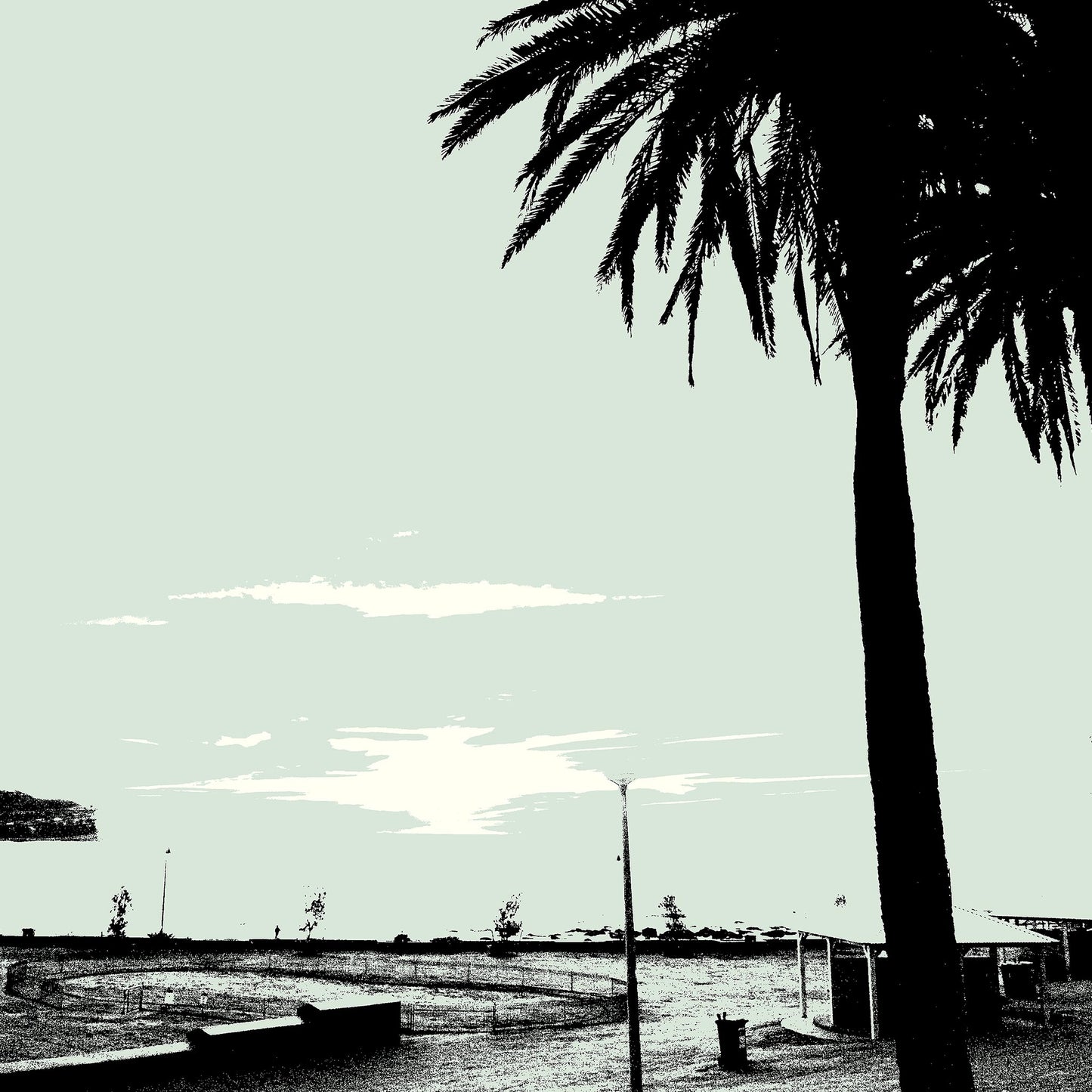 POPscape Sydney - Bronte Beach - 140128v31 - Close Detail View, Minimalist pop-art image of Bronte Beach with silhouetted palm trees in the foreground and a pale sky over a quiet coastal headland.