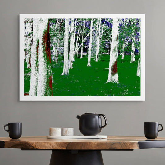 POPscape Sydney - Centennial Park - Pine Grove - 19003v10 - Room View, Stylised forest scene in Centennial Park featuring tall white-barked pine trees and vivid green grass, with rich red and deep blue accents enhancing the contrast and mood.