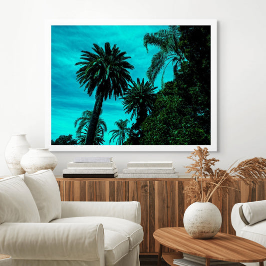 POPscape Sydney - Centennial Parklands - Palms - 9338v10 - Room View, Tall palm trees silhouetted against a vividly turquoise sky with dense foliage, creating a striking tropical scene in a stylised pop-art palette.