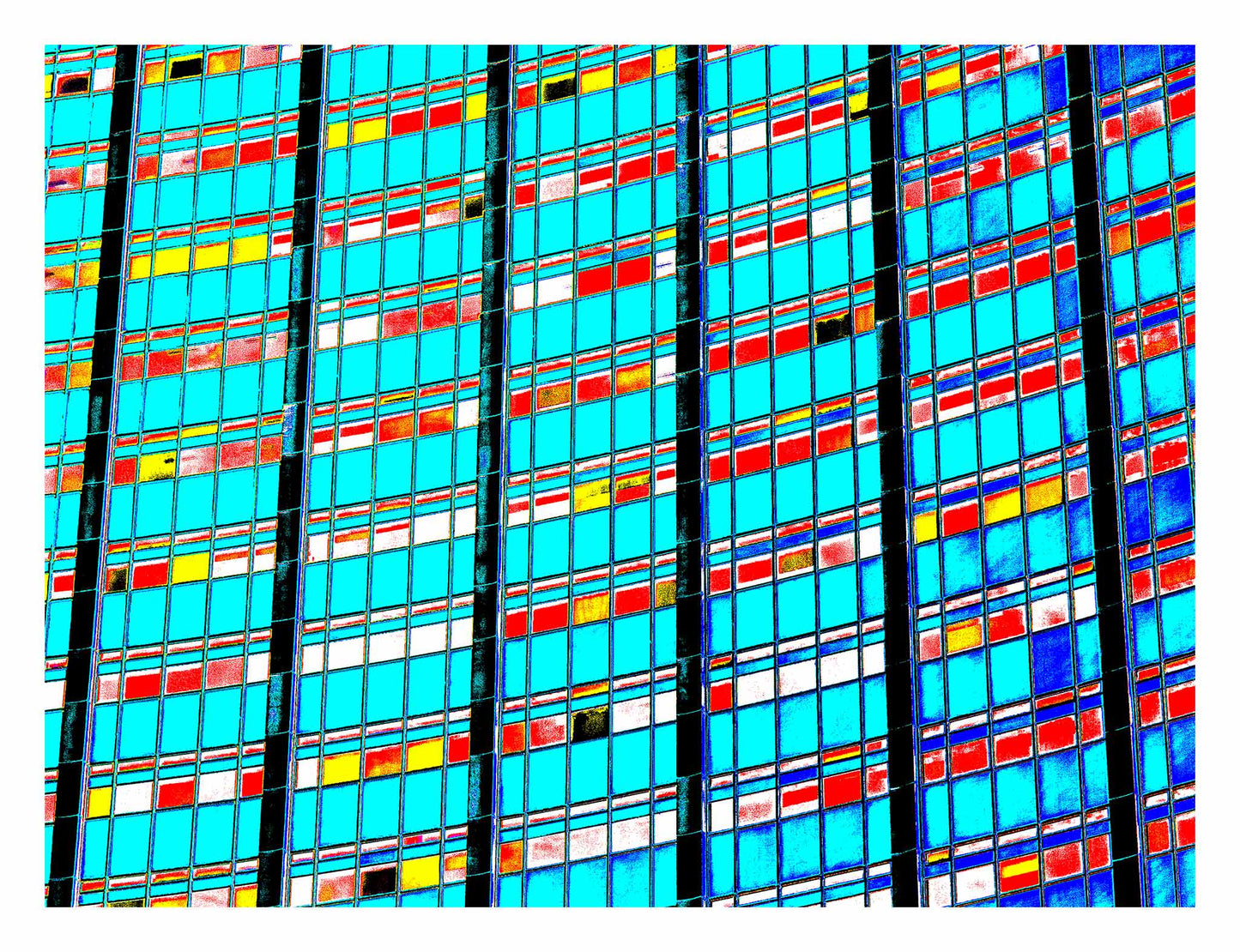 POPscape Sydney - Circular Quay - AMP Building Curve - 3657v4 - 104x81.5cm, Stylised close-up of AMP Building windows in Circular Quay, with repeating grid of cyan, red, yellow, and white patterns. Bold, abstract Pop Art architectural treatment.