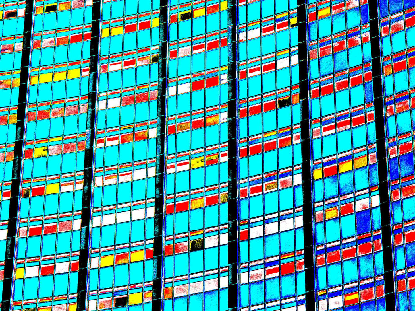 POPscape Sydney - Circular Quay - AMP Building Curve - 3657v4 - 90x67.5cm, Stylised close-up of AMP Building windows in Circular Quay, with repeating grid of cyan, red, yellow, and white patterns. Bold, abstract Pop Art architectural treatment.