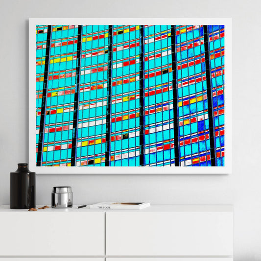 POPscape Sydney - Circular Quay - AMP Building Curve - 3657v4 - Room View, Stylised close-up of AMP Building windows in Circular Quay, with repeating grid of cyan, red, yellow, and white patterns. Bold, abstract Pop Art architectural treatment.