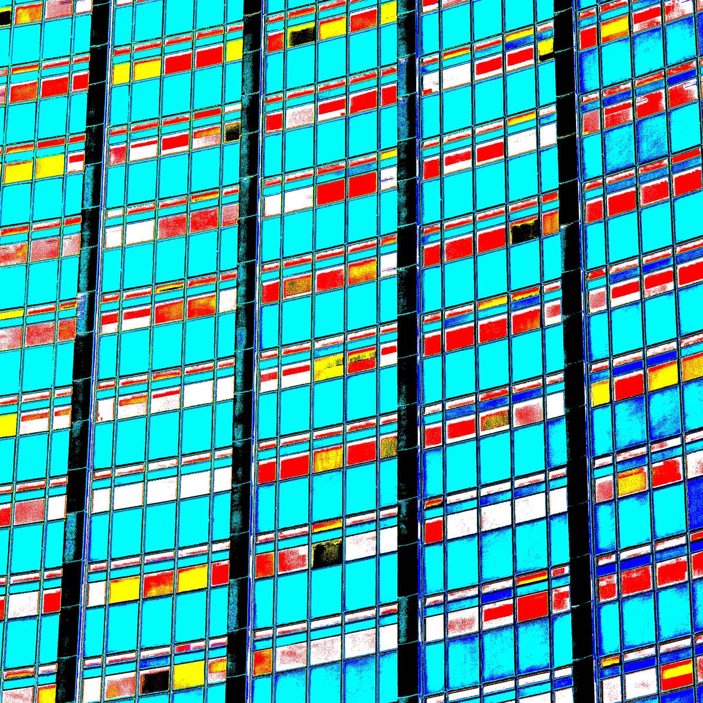 POPscape Sydney - Circular Quay - AMP Building Curve - 3657v4 - Close Detail View, Stylised close-up of AMP Building windows in Circular Quay, with repeating grid of cyan, red, yellow, and white patterns. Bold, abstract Pop Art architectural treatment.