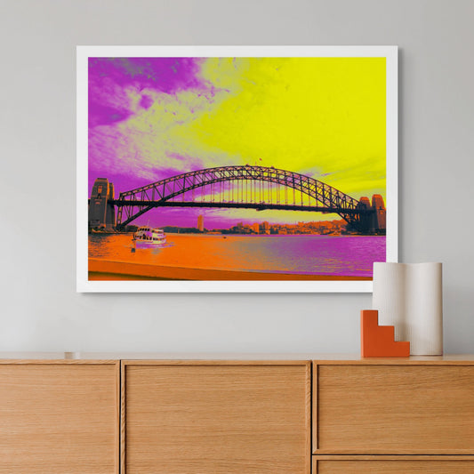 POPscape Sydney - Circular Quay - Bridge Ferry - 3677v2 - Room View, Stylised Pop Art image of the Sydney Harbour Bridge with a ferry crossing below. Sky rendered in dramatic violet and yellow tones; water and foreground in orange and pink hues.