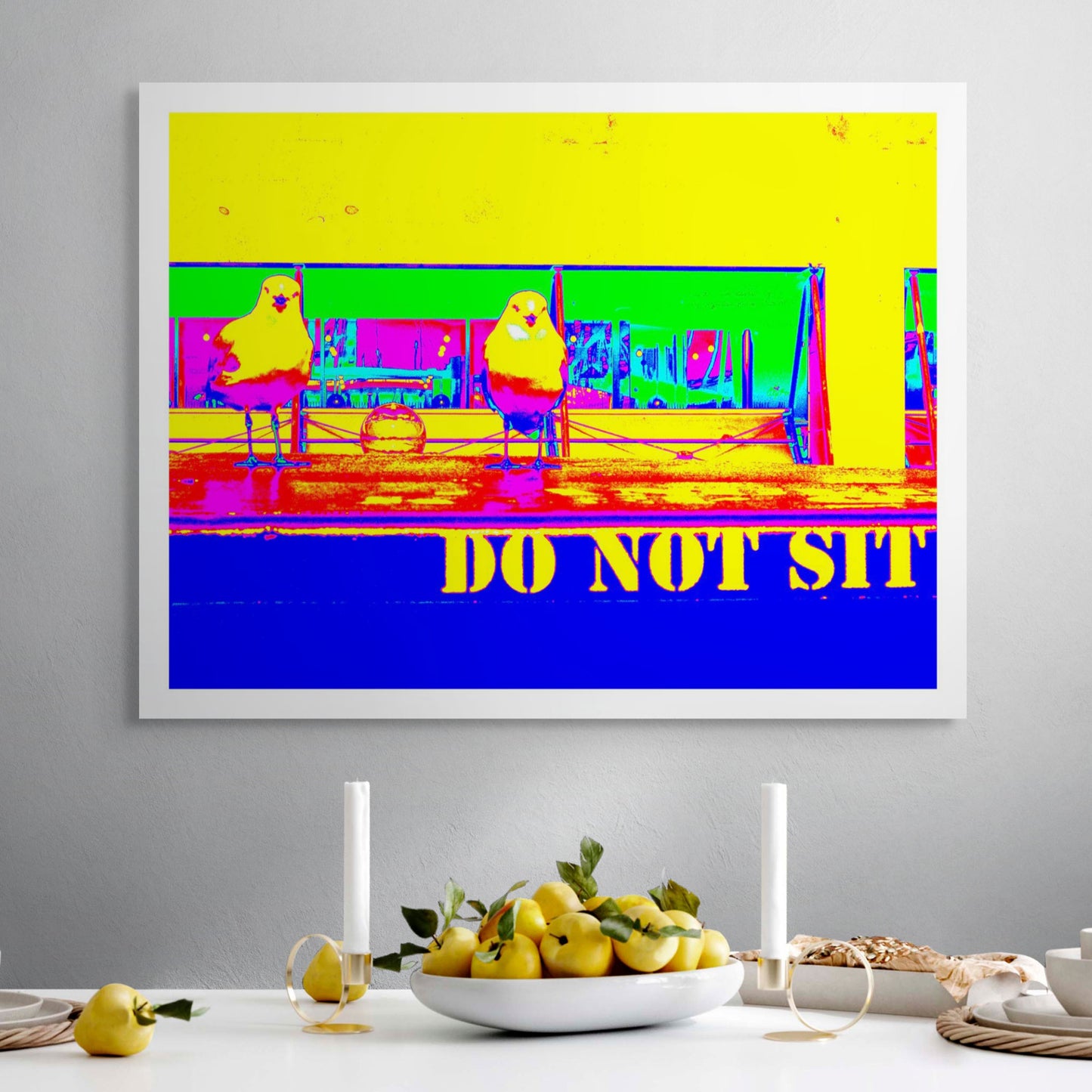 POPscape Sydney - Circular Quay - Seagull Ferry - 3660v4 - Room View, Stylised Pop Art image of two seagulls perched on a ferry bench with a “DO NOT SIT” sign. Neon yellow, pink, and blue tones create a playful urban contrast.
