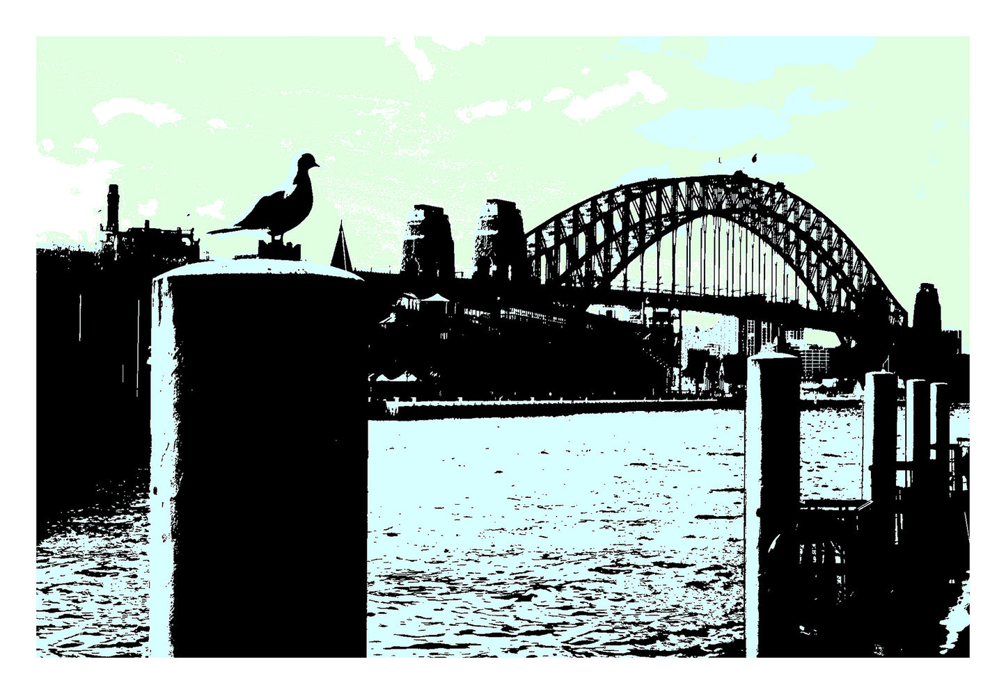 POPscape Sydney - Circular Quay - Seagull - Harbour Bridge - 19044v53a - 104x74cm, Stylised artwork of a seagull perched on a harbour post in the foreground, with Sydney Harbour Bridge silhouetted in the background against a soft pastel green and blue sky.