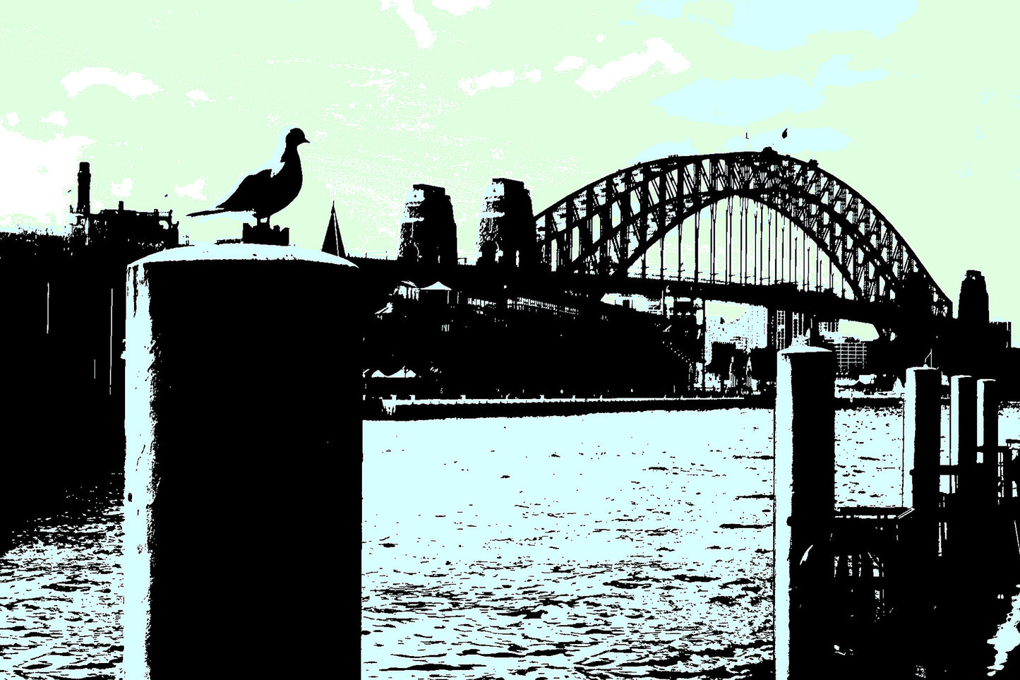 POPscape Sydney - Circular Quay - Seagull - Harbour Bridge - 19044v53a - 90x60cm, Stylised artwork of a seagull perched on a harbour post in the foreground, with Sydney Harbour Bridge silhouetted in the background against a soft pastel green and blue sky.