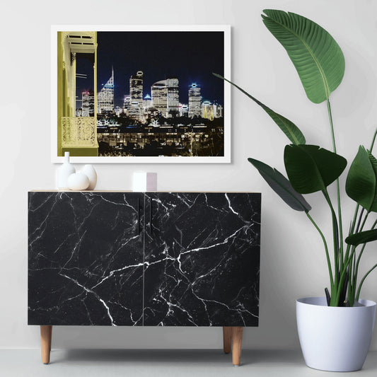 POPscape Sydney - City Skyline Night - View from Potts Point - 191998v2a - Room View, Stylised night view of Sydney’s city skyline from Potts Point, with glowing skyscrapers in the background and an ornate heritage balcony in the foreground, rendered in golden and dark contrasting tones.