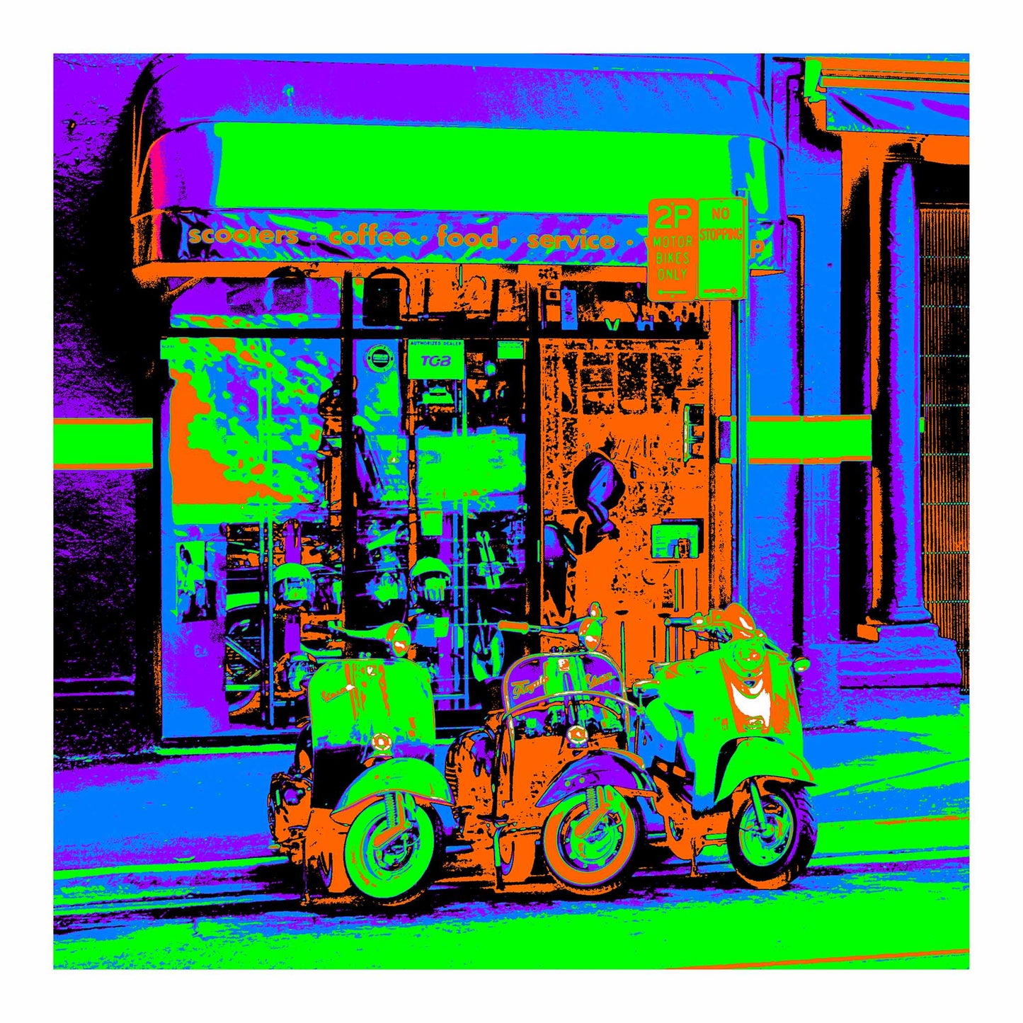 POPscape Sydney - Darlinghurst - Cafe Scooters - 1906068v8a - 74x74cm, Stylised image of three scooters parked outside a small café and scooter service shop in Darlinghurst, Sydney. Intense Pop Art palette of green, blue, orange, and purple tones.