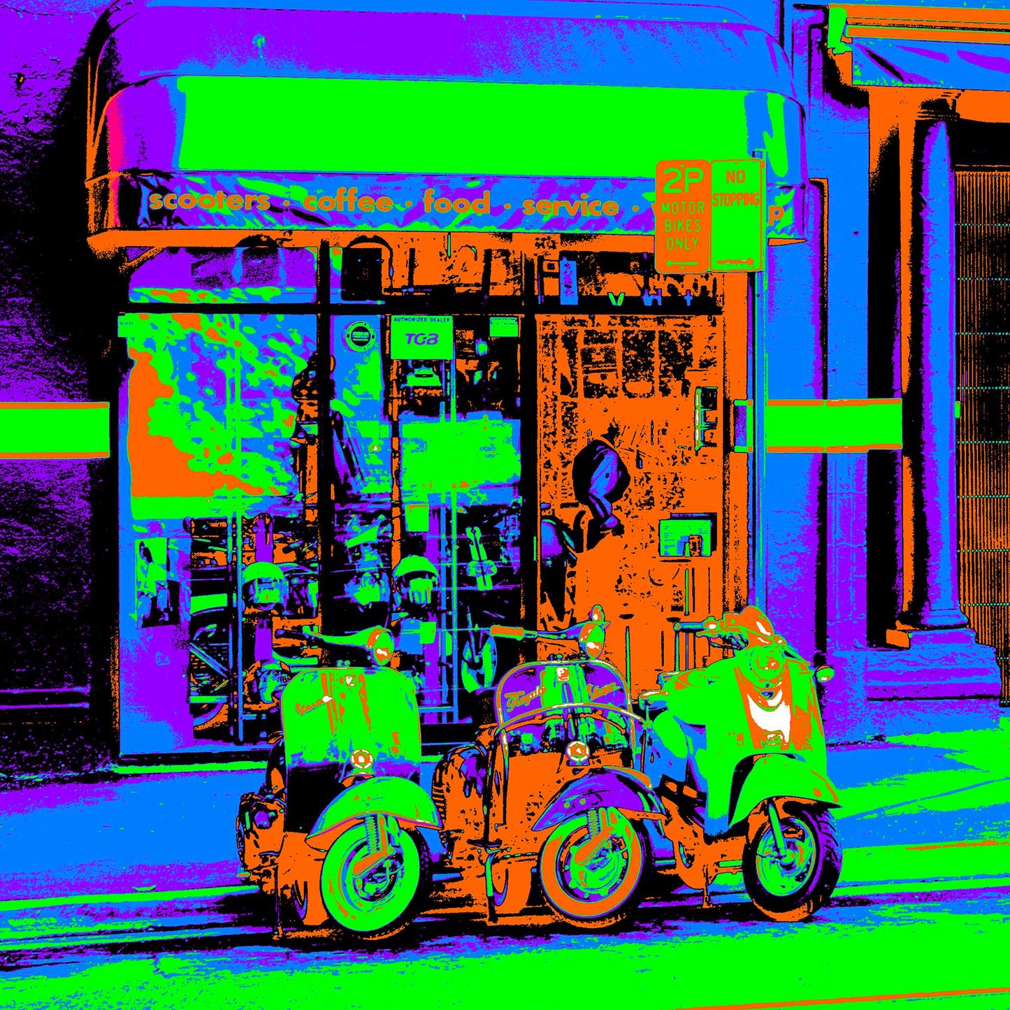 POPscape Sydney - Darlinghurst - Cafe Scooters - 1906068v8a - 60x60cm, Stylised image of three scooters parked outside a small café and scooter service shop in Darlinghurst, Sydney. Intense Pop Art palette of green, blue, orange, and purple tones.