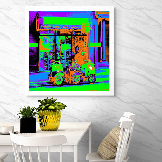 POPscape Sydney - Darlinghurst - Cafe Scooters - 1906068v8a - Room View, Stylised image of three scooters parked outside a small café and scooter service shop in Darlinghurst, Sydney. Intense Pop Art palette of green, blue, orange, and purple tones.