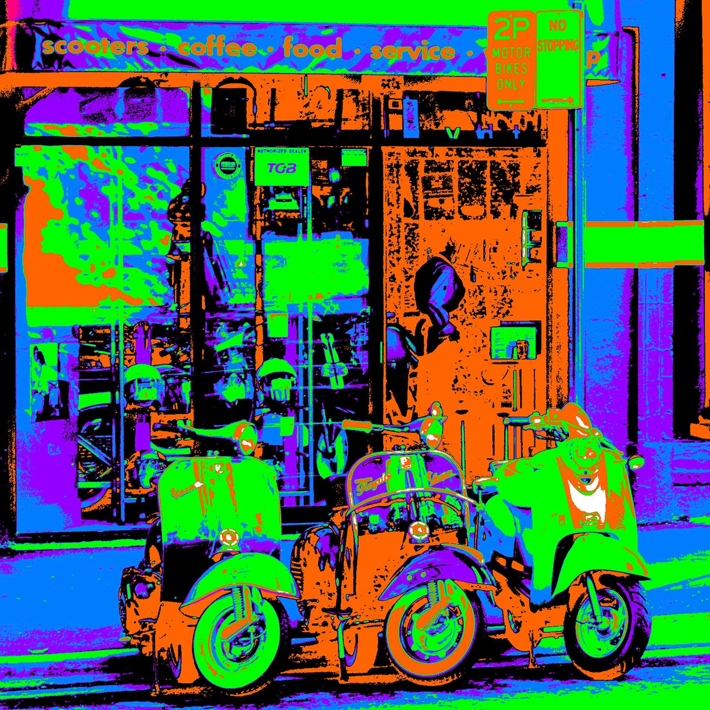 POPscape Sydney - Darlinghurst - Cafe Scooters - 1906068v8a - Close Detail View, Stylised image of three scooters parked outside a small café and scooter service shop in Darlinghurst, Sydney. Intense Pop Art palette of green, blue, orange, and purple tones.