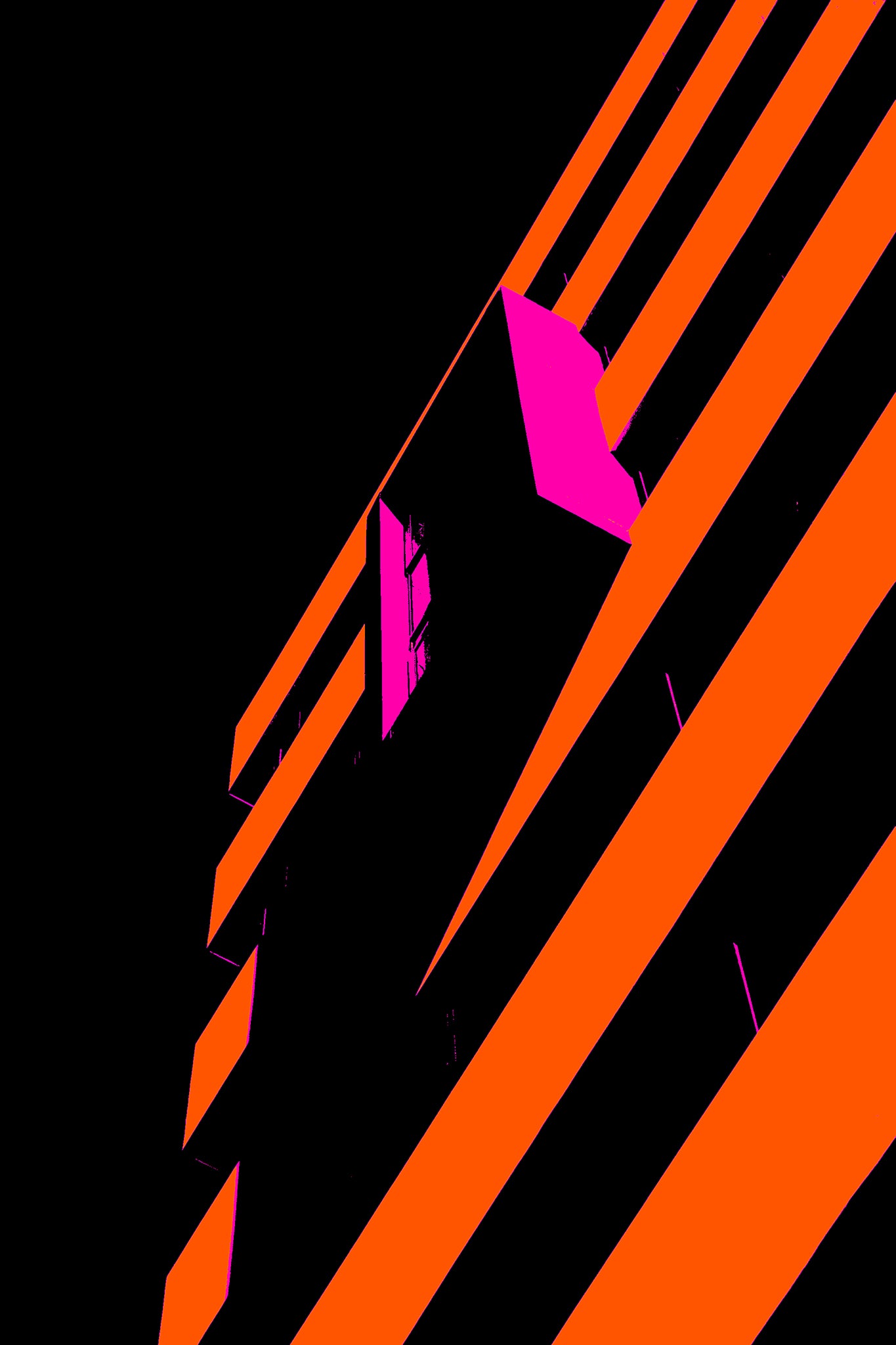POPscape Sydney - Darlinghurst - Taylor Square - St Margarets - 19001v43 - 60x90cm, Bold abstract image of building facade in Darlinghurst with diagonal orange and black stripes and vivid pink window forms. Geometric Pop Art treatment.
