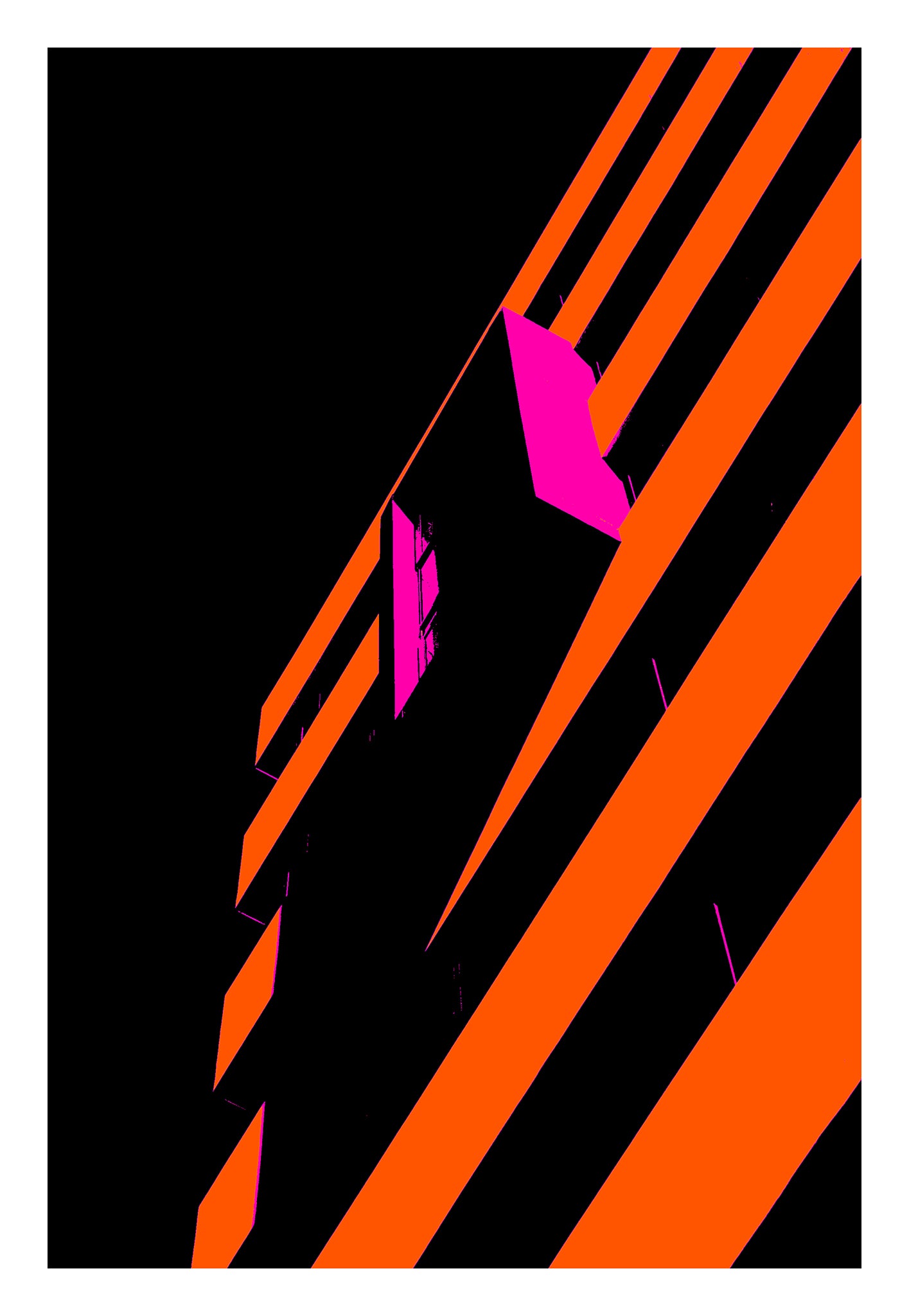 POPscape Sydney - Darlinghurst - Taylor Square - St Margarets - 19001v43 - 74x104cm, Bold abstract image of building facade in Darlinghurst with diagonal orange and black stripes and vivid pink window forms. Geometric Pop Art treatment.