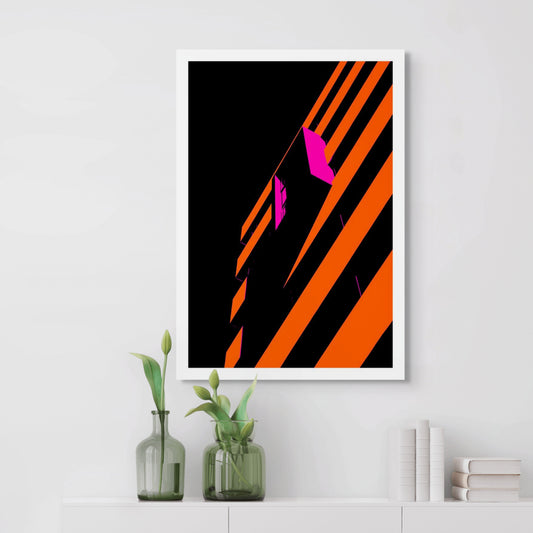 POPscape Sydney - Darlinghurst - Taylor Square - St Margarets - 19001v43 - Room View, Bold abstract image of building facade in Darlinghurst with diagonal orange and black stripes and vivid pink window forms. Geometric Pop Art treatment.