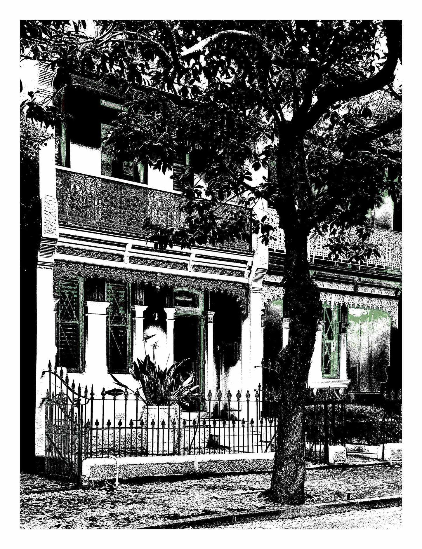 POPscape Sydney - Darlinghurst - Terrace House - 8155v18 - 81.5x104cm, Black and white stylised image of a heritage terrace house in Darlinghurst with ornate ironwork, trees, and deep architectural shadows. Monochrome Pop Art aesthetic.
