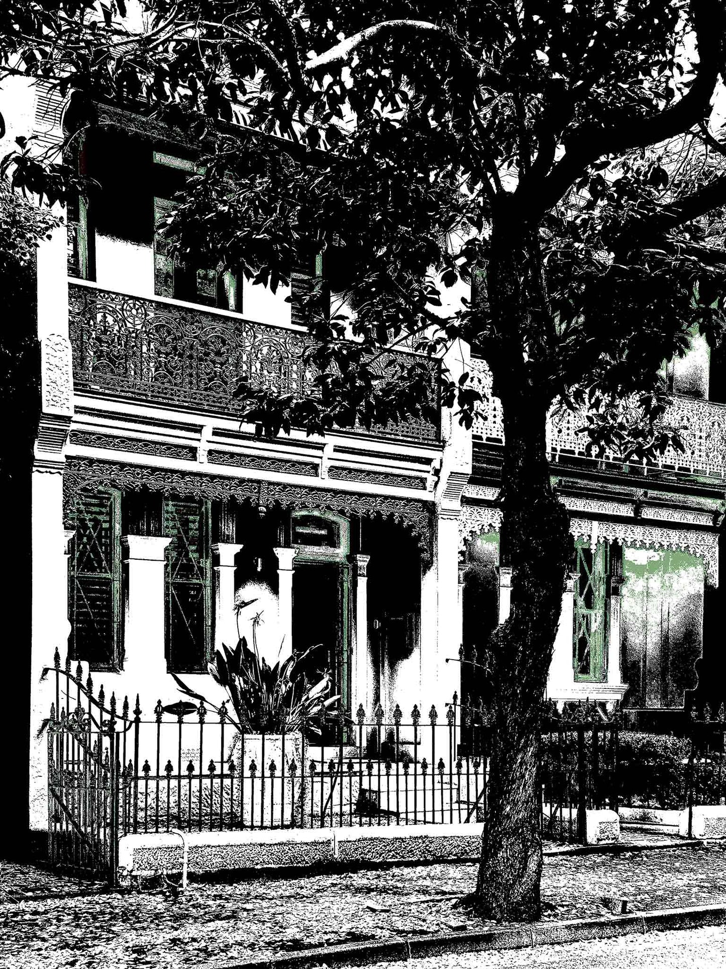 POPscape Sydney - Darlinghurst - Terrace House - 8155v18 - 67.5x90cm, Black and white stylised image of a heritage terrace house in Darlinghurst with ornate ironwork, trees, and deep architectural shadows. Monochrome Pop Art aesthetic.